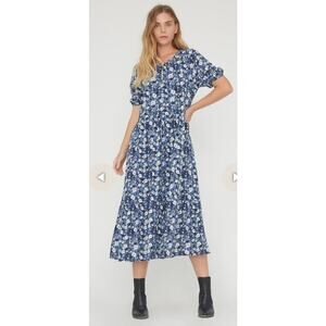 Lacausa Cottagecore Cass Dress Sapphire Watercolor Floral Crinkled Cotton,XS